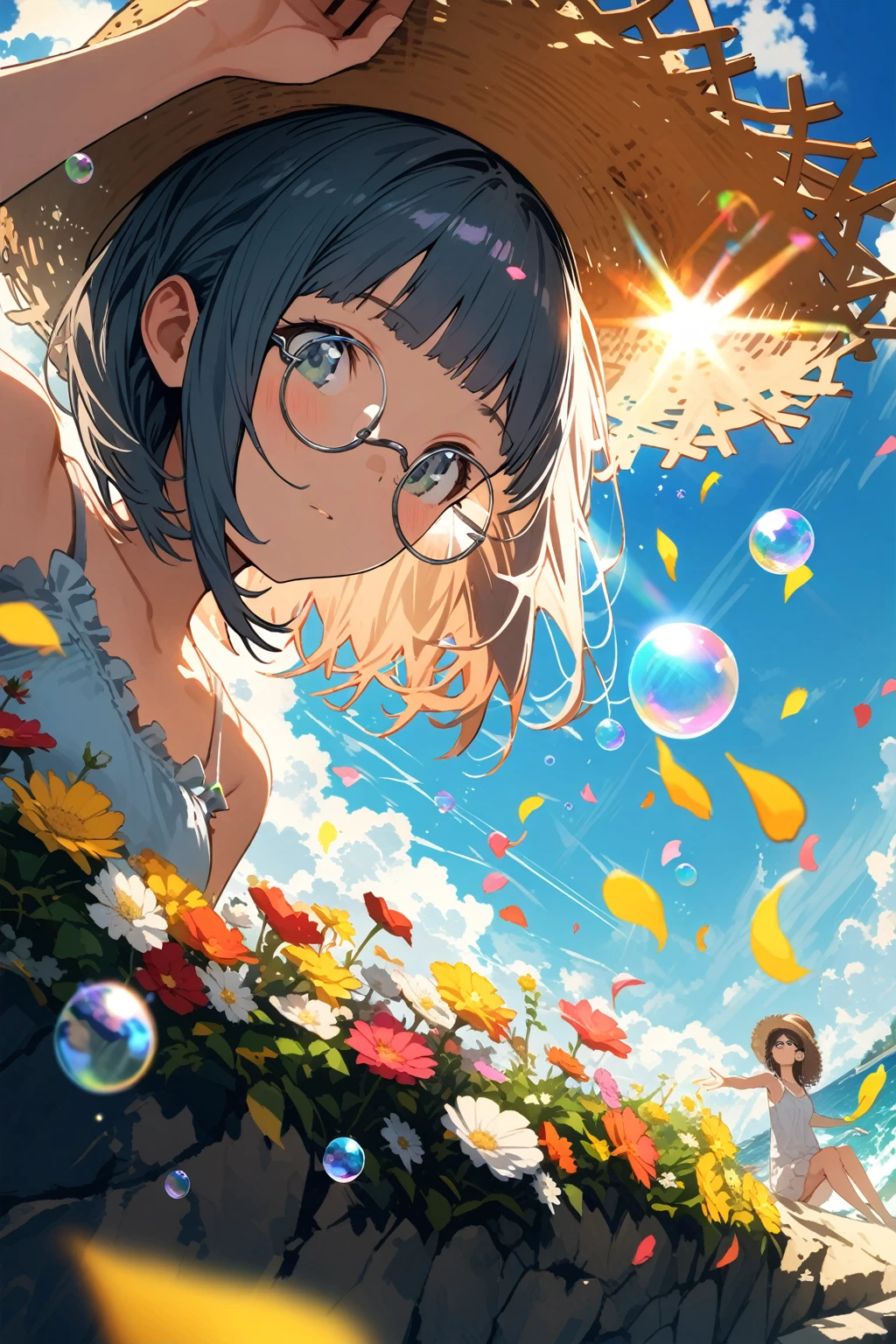 (extremely detailed fine touch:1.3), girl, solo, alone, 2.5d, (((silver semi-rimless round eyewear:1.3))), short hair, smooth hair, blunt bangs, look up sun, lensflare, hand on own head, from below, straw hat, camisole, on the cliff, flower garden, sea, cumulonimbus, flying fish, soap bubble, petals dance in the wind