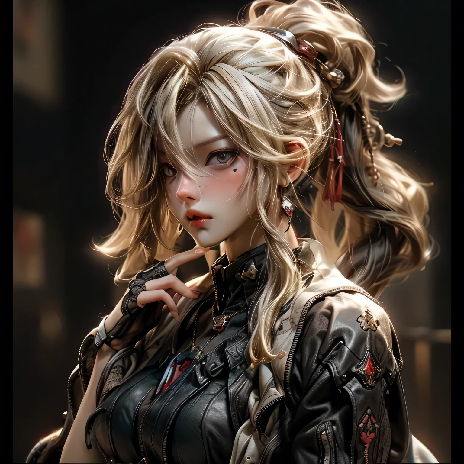 (best quality)), ((Masterpiece)), (details:1.4), 3d, HDR (high dynamic range), an image of a beautiful cyberpunk female, Hips up, cyberpunk, Blonde hair, High ponytail, beautiful Red eyes, จมูกโด่ง, ปากแดง, หน้าอกใหญ่, nvidia RTX, PBR surface, After processing, Anisotropic filtration,depth of field, Maximum clarity and clarity, multi-layered surface, Subsurface scattering, perfect proportions, 8K raw files, ultra detailed, Perfect proportions, volumetric lighting, soft lighting, Holy Paladin, Heavy Black Armor, glossy skin, Chapel background, jewely, ต่างหู, นิ้วมือสมบูรณ์,