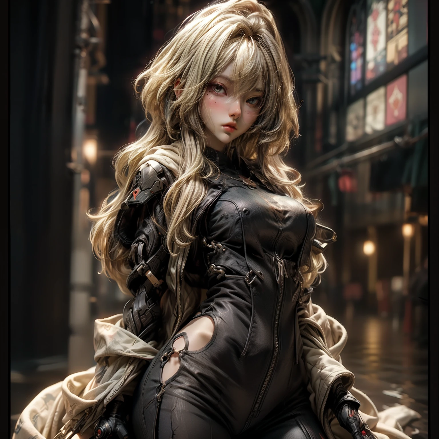 (best quality)), ((Masterpiece)), (details:1.4), 3d, HDR (high dynamic range), an image of a beautiful cyberpunk female, Hips up, cyberpunk, Blonde hair, Curtain Bangs, beautiful Red eyes, จมูกโด่ง, ปากแดง, หน้าอกใหญ่, nvidia RTX, PBR surface, After processing, Anisotropic filtration,depth of field, Maximum clarity and clarity, multi-layered surface, Subsurface scattering, perfect proportions, 8K raw files, ultra detailed, Perfect proportions, volumetric lighting, soft lighting, Holy Paladin, Heavy Black Armor, glossy skin, Chapel background, jewely, ต่างหู, นิ้วมือสมบูรณ์,