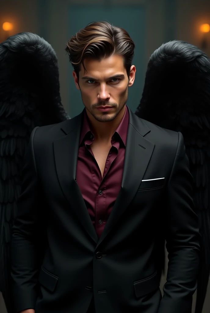 Lucifer in black suit , with wine red shirt , neither mature nor young looking, similar a Ian Somerhalder