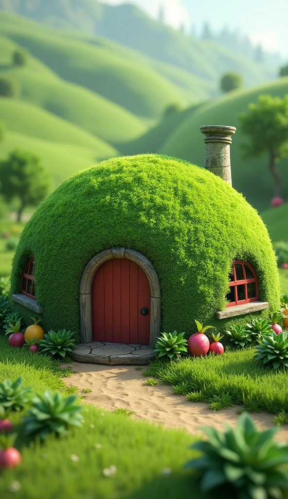 masterpiece, Highest quality, (Very detailed CG unity 8k wallpaper), (Highest quality), (Best illustrations), (Best Shadow), A round radish hut covered with moss, Isometric 3D , Octane Rendering, Ray Tracing, Very detailed