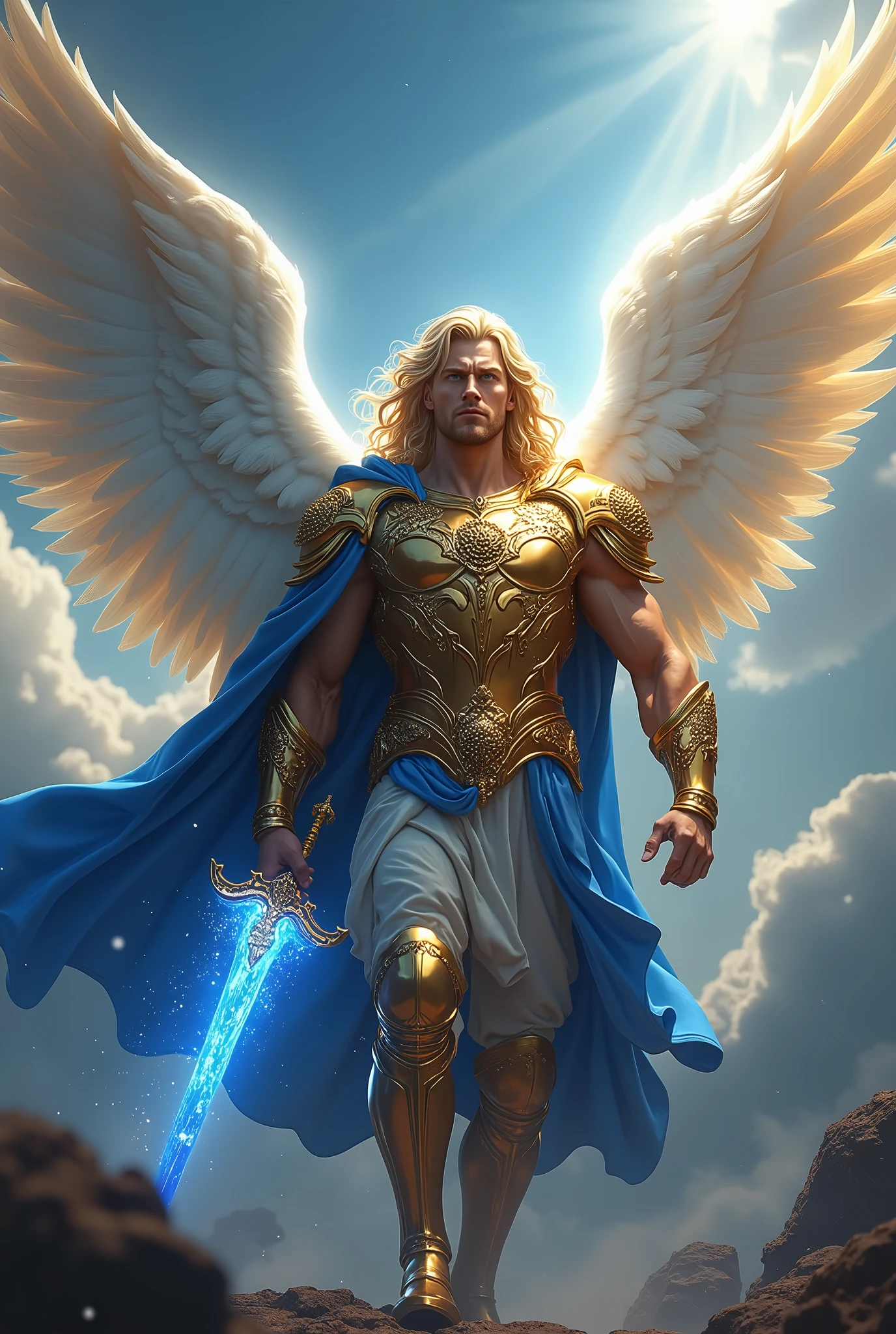 Create a highly detailed and realistic image of Archangel Michael, inspired by the biblical description from the 1611 King James Version of the Bible. Depict him as a commanding celestial warrior with a muscular and athletic body, bright, piercing blue eyes, and long, flowing blonde hair. He should be wearing a golden celestial armor intricately carved with sacred symbols and a flowing royal blue cape draped over his shoulders. Michael holds a flaming sword with blue flames enveloping the blade, radiating divine light, while his massive, detailed wings with white and gold feathers shine intensely. The background is a celestial battlefield, with dense clouds and storms of divine light on the horizon, symbolizing the eternal struggle between good and evil. The lighting should be dramatic, with divine rays illuminating Michael at the center of the image, creating an intense contrast with the background. Use a low-angle perspective to emphasize his grandeur, and apply a depth of field that highlights his figure while slightly blurring the background, adding an ethereal effect to the scene.