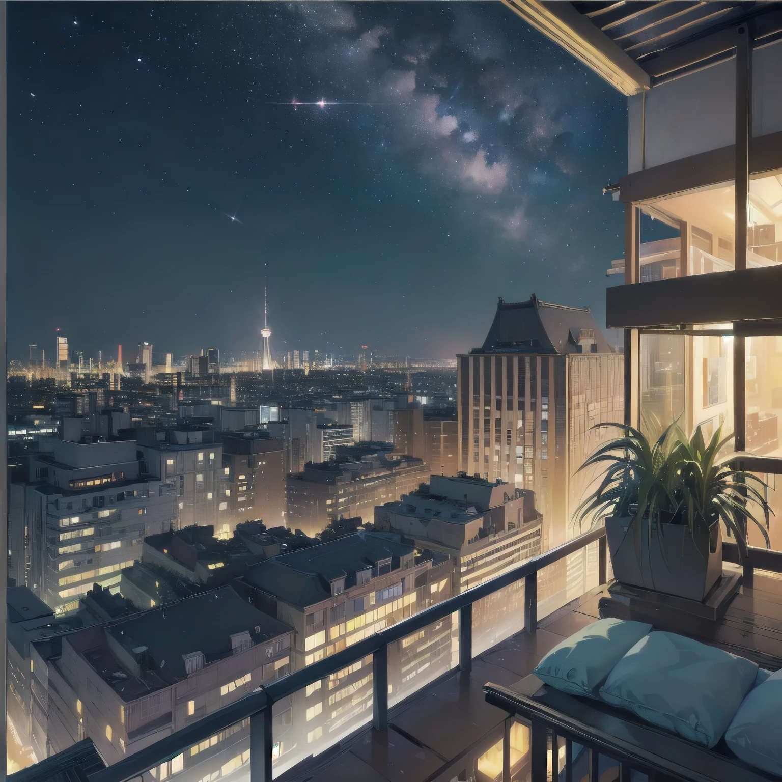 (((Masterpiece, top quality))), (((32K wallpaper))), ultra high resolution、TOKYO、(((Buildings)))、(((Big North Star in the sky)))、Colorful night view、Close-up of the North Star、Highly detailed background、neon、a lot of billboard、(((Balcony with lots of houseplants)))