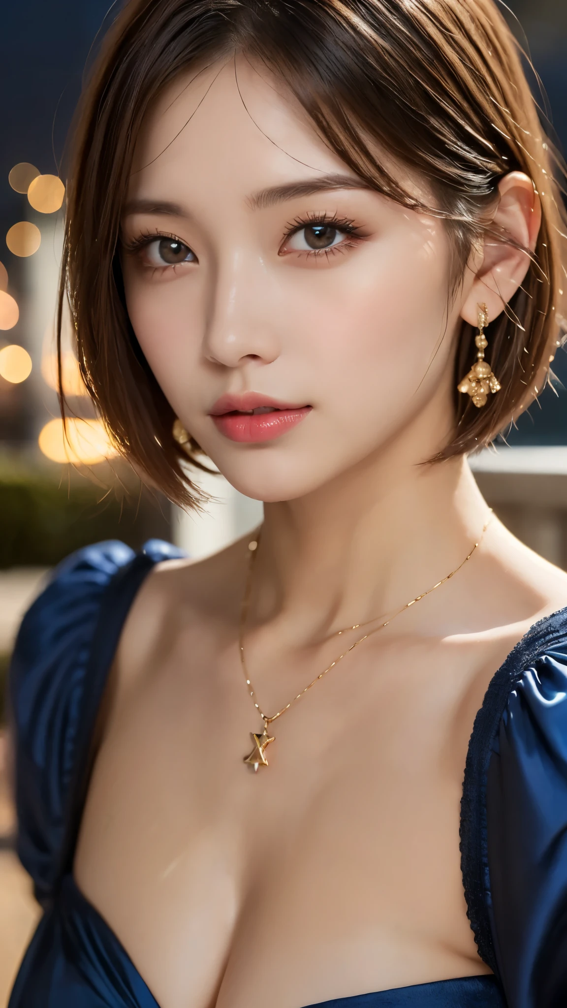 (Photorealistic, 32k, RAW photo, best quality:1.4), (masterpiece:1.3), (ultra high resolution, ultra realistic, highly detailed, golden ratio, ultra detailed), 1 beautiful woman, natural makeup, intricate cloth texture, finely detailed hair texture, beautiful full-body, perfect female form, anatomically accurate, highly detailed face and skin, (elegant hands), (realistic skin), (beautiful pale skin:1.1), (extreme close-up:2.0), (Oversized Breasts), (Wearing Blue Party Dress:1.5), (Earrings, Pendant),
BREAK,
realistic eyes, captivating detailed eyes, symmetric eyes, light brown eyes, double eyelids, thin eyebrows, (glossy lips:1.4), (kissable expression, blush:1.3),
BREAK,
((short bob cut, dark brown hair, bangs:1.2)), (Late Night, Moonlit night, Castle balcony:1.3)