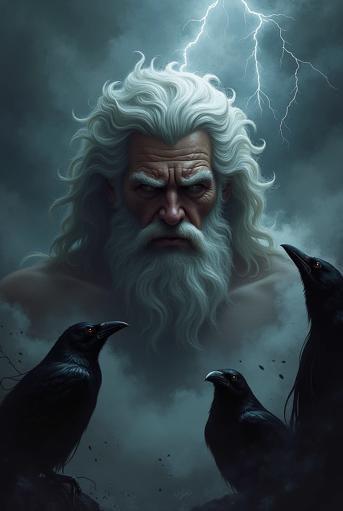 Zeus&#39; face in a dark way with several lightning bolts and ravens