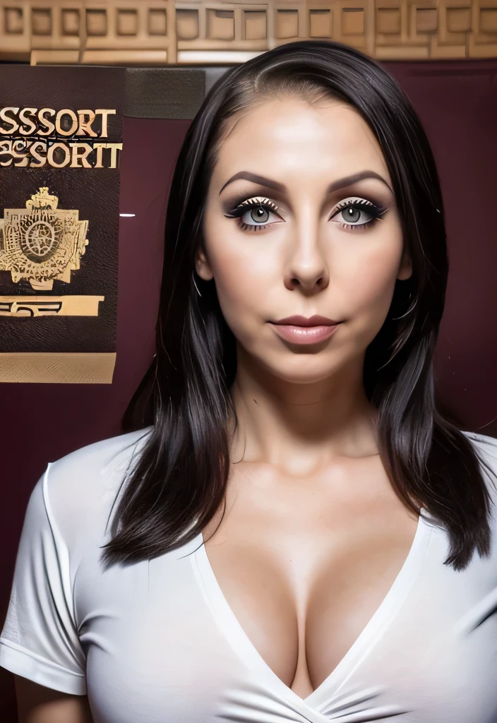 (passport photo:1.5) Maria BRINK standing straight facing camera, passport picture, facing front, sensual face, looking forward, maintains eye contact with the viewer, smooth perfect skin, dark eyeliner, full face visible, High quality, portrait, passport style picture, official document photograph, bald beauty, bald is beautiful, no hair, headshot, government photo, id photo, standing straight looking at camera, wearing sex makeup,