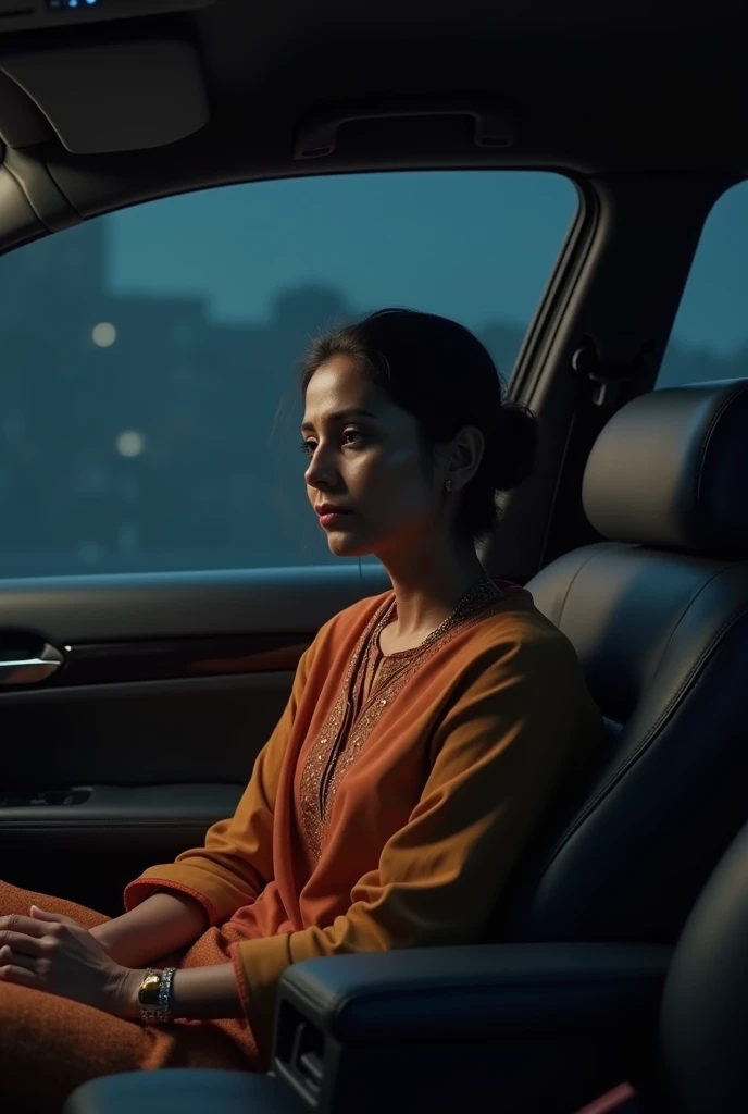 Indian 40 year old woman wears kurta and slacks, sitting on back seat of the car at night