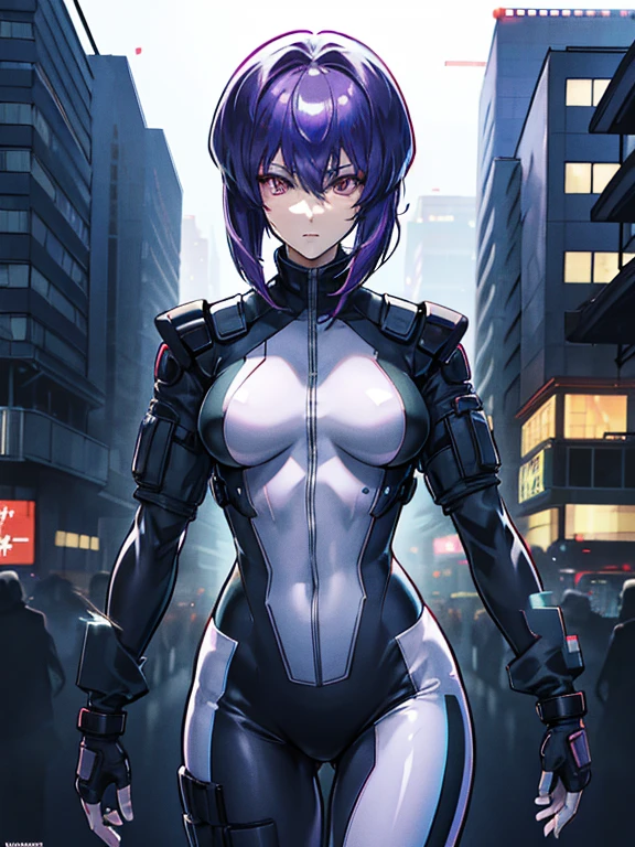 Ghost in the Shell, Motoko Kusanagi, Purple short bob cut, Hair between the eyes, Slightly asymmetrical bangs, ((Optical Camouflage Suit, Optical camouflage suit from the neck down)), Jump up into the sky, view From above, The background is Tokyo's buildings at night, Reflective and shiny, ((Night Scenery)), Lots of window lights, Glitching, glitch, ((masterpiece, best quality, high resolution)) 