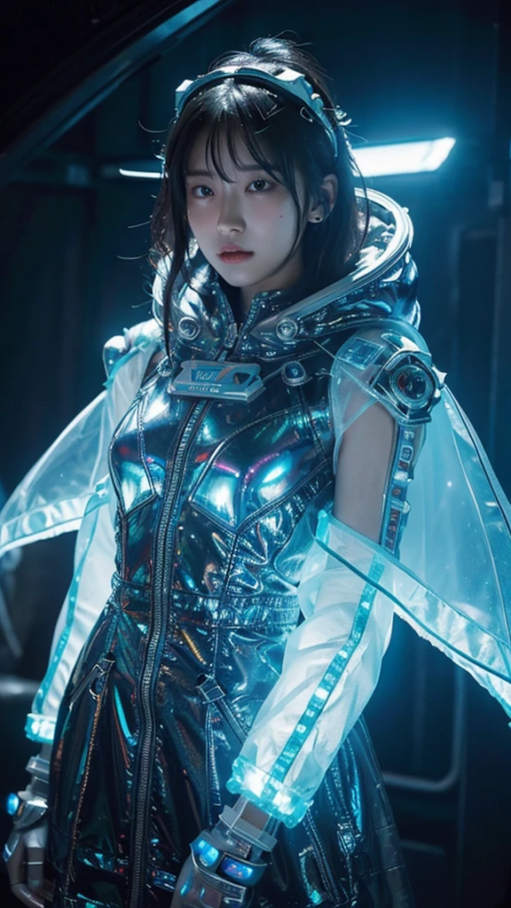 DSLR full color photo, a cyberpunk alien crystalline spaceship with amazingly intricate details, crystal forms can be seen in the background, lights, steam, fog rise from the ship, an alien female wearing a complex revealing spacesuit, she is sexy but still alien, lots of gadgets and alien glyphs, her transparent visor shows human details that have departed from earth humas eons ago
Dark, chiaroscuro, low-key