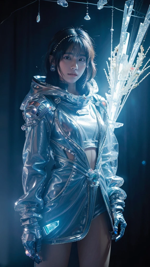 DSLR full color photo, a cyberpunk alien crystalline spaceship with amazingly intricate details, crystal forms can be seen in the background, lights, steam, fog rise from the ship, an alien female wearing a complex revealing spacesuit, she is sexy but still alien, lots of gadgets and alien glyphs, her transparent visor shows human details that have departed from earth humas eons ago
Dark, chiaroscuro, low-key