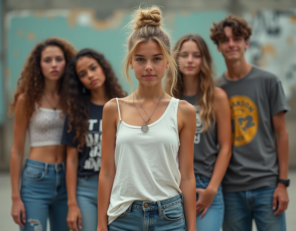 Photo of a age girl in skater fashion and her male and female friends. Everyone is wearing a tank top