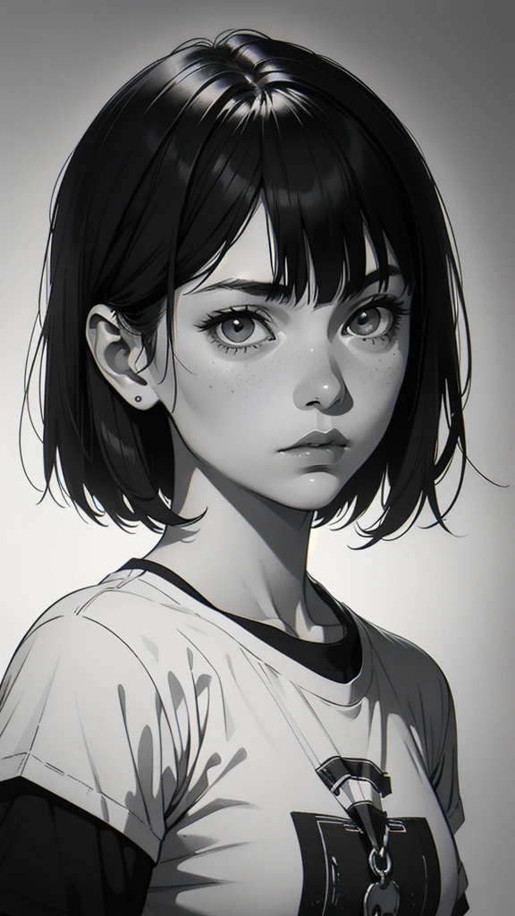 1 boyish girl, solo, sharp eyes, monochrome, greyscale, short black hair, portrait, T-shirt, closed mouth, looking at viewer, graphite \(medium\), detailed lips, hatching \(texture\), without makeup, bangs, upper body, (best illustration), (best quality), (very detailed), (masterpiece), expressionless,