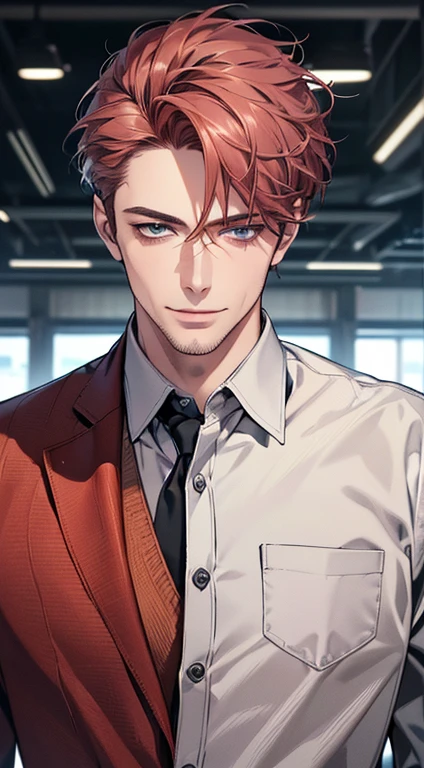 (best quality,4k,8k,highres,masterpiece:1.2),ultra-detailed,(realistic,photorealistic,photo-realistic:1.37),1 man,3,mature man,very handsome,without expression,smile,short grey red hair,blue eyes,penetrating gaze,perfect face without errors,imposing posture,businessman,office background,cinematic lighting,hdr image
