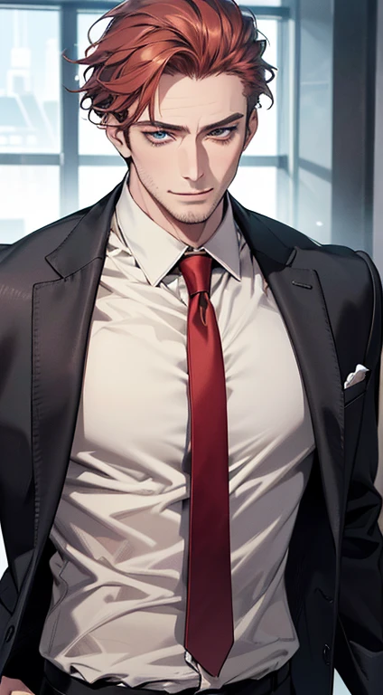 (best quality,4k,8k,highres,masterpiece:1.2),ultra-detailed,(realistic,photorealistic,photo-realistic:1.37),1 man,3,mature man,very handsome,without expression,smile,short grey red hair,blue eyes,penetrating gaze,perfect face without errors,imposing posture,businessman,office background,cinematic lighting,hdr image