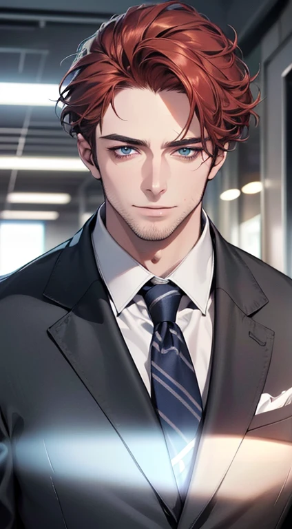 (best quality,4k,8k,highres,masterpiece:1.2),ultra-detailed,(realistic,photorealistic,photo-realistic:1.37),1 man,3,mature man,very handsome,without expression,smile,short grey red hair,blue eyes,penetrating gaze,perfect face without errors,imposing posture,businessman,office background,cinematic lighting,hdr image