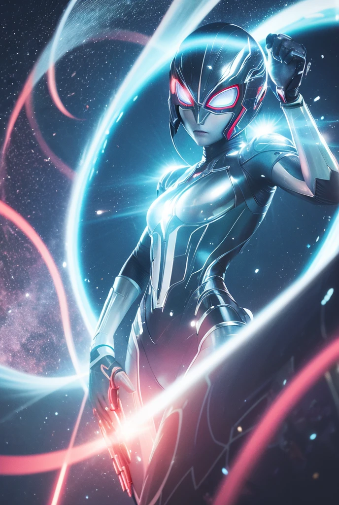 From within the vortex of light、Enter with your fist raised、A female alien with a silver body and red lines、Female Ultraman、The body is transparent