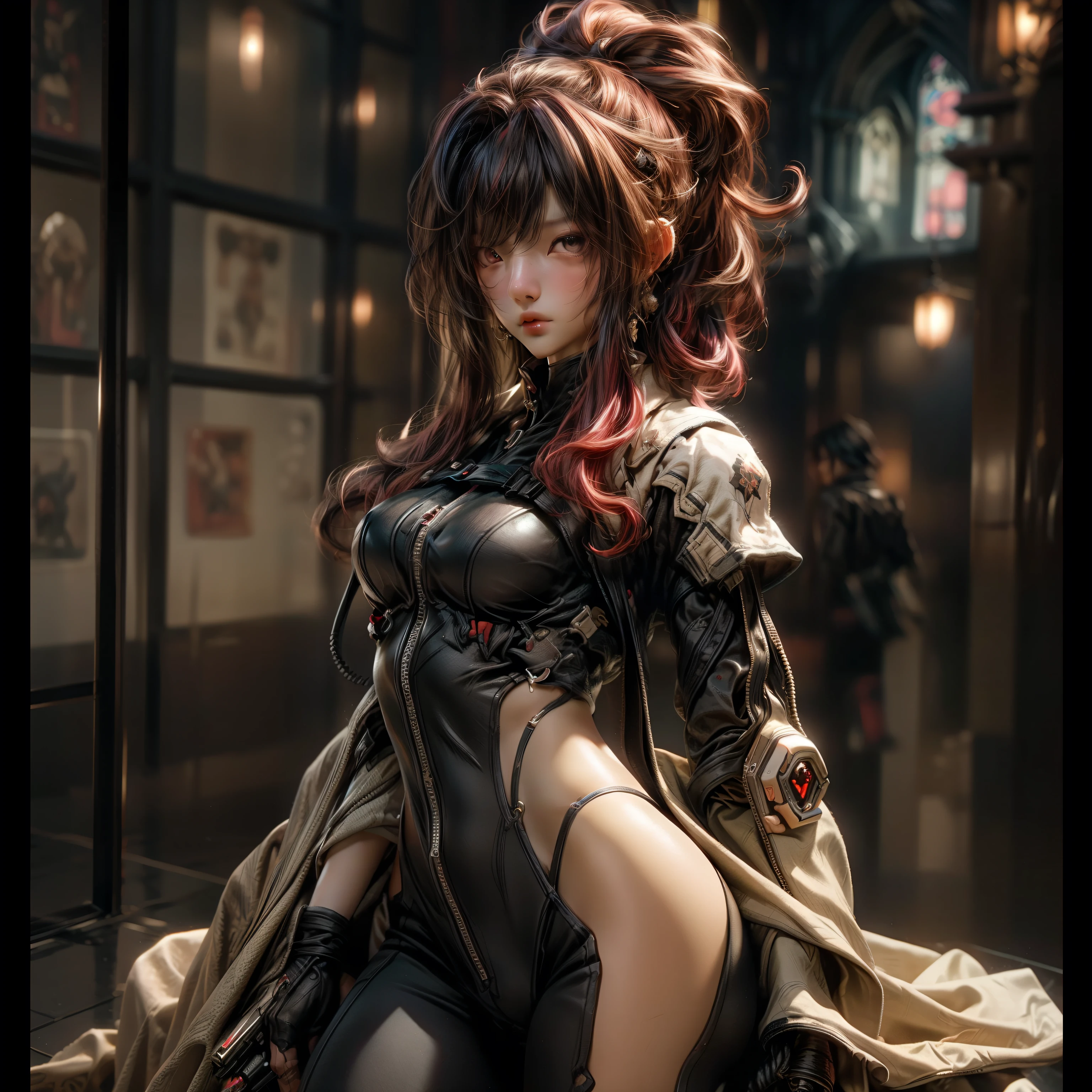 (best quality)), ((Masterpiece)), (details:1.4), 3d, HDR (high dynamic range), an image of a beautiful cyberpunk female, Hips up, cyberpunk, Fantasy, Red hair, Curtain Bangs, beautiful Red eyes, จมูกโด่ง, ปากแดง, หน้าอกใหญ่, nvidia RTX, PBR surface, After processing, Anisotropic filtration,depth of field, Maximum clarity and clarity, multi-layered surface, Subsurface scattering, perfect proportions, 8K raw files, ultra detailed, Perfect proportions, volumetric lighting, soft lighting, Holy Paladin, Heavy Black Armor, glossy skin, Chapel background, jewely, ต่างหู, นิ้วมือสมบูรณ์,