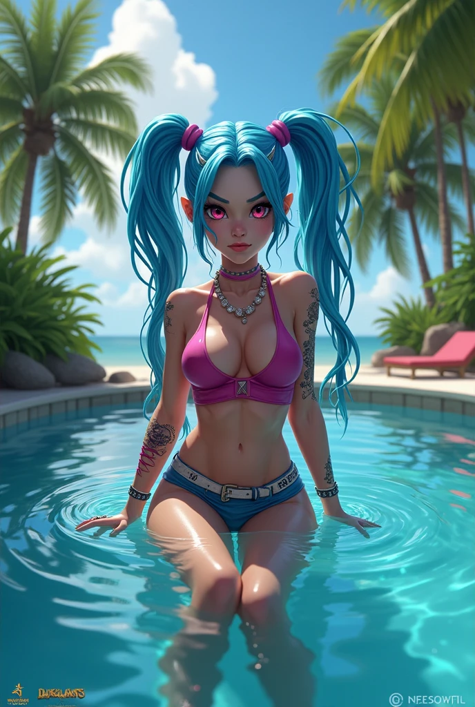 jinx from league of legends in a pool looking at the camera