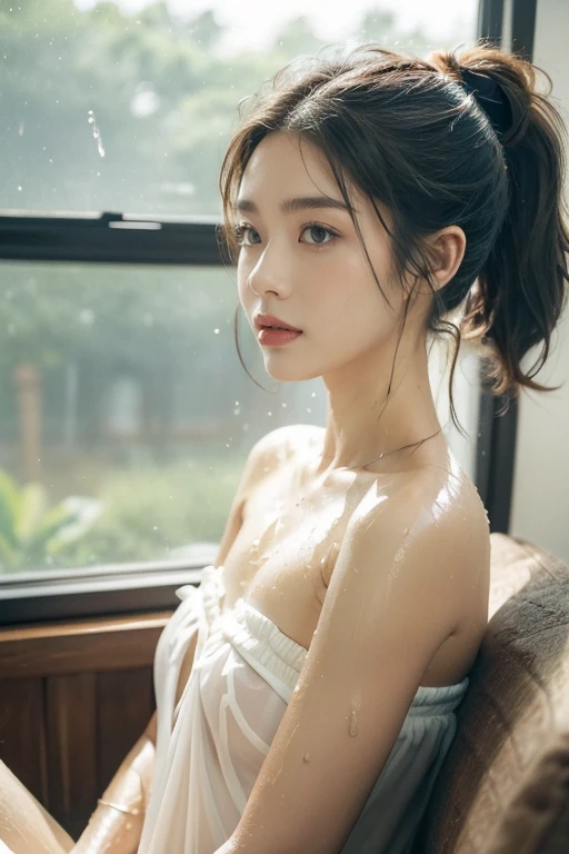 (((best quality))), (((Extremely detailed))), (((masterpiece))), illustration,(Summer Afternoon:1.3),(A beautiful girl,Solitary),(Short Ponytail:1.2),((Slim,Thin)),((Small Breasts,flat chest)),((Sweat,wet)),(Strapless white transparent:1.3), Bronze skin, Beautiful,comfortable fit,(Next to the air conditioner:1.3),Relax, Enjoy the cool air,an blowing, Comfortable sofa, coffee table,Blue-green walls, plant, Greenery, window, Sunlight, Avoid heat, cool environment, Lazy summer, Tolerable heat, Calm expression, cozy clothings, A sense of peace, relaxation, joy,((Close-up of face,From the front))