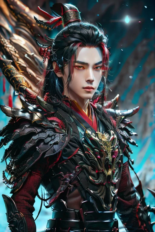 Handsome young xianxia protagonist,man,guy,long black obsidian hair, use floating phoenix crown,Crimson red eyes ,eyes focus detailed((no noice)),(((no noice))),and long black hair ,(no noice)),use armour featuring like pattern on taotie chinese divine beast((search image for taotie chinese beastiary))with black dominant color,pauldron protective shape like dragon head,breastplate featuring like Tao tie,breastplate detailed featuring taotie shape,shoulder protective dragon shape like taotie,sun and moon background, black dominant color,black dominant color, black dominant color armour,with majestic silver line , ((no noice))And demonic red wings at back,wings at back,terrifying aura around,24K ultra hd,face and eyes detail,lips and face detail,masterpiece ,better quality,ultraa realistic face((no noice)),good face proportion,non noice face,reality face,eyes detailed,((perfect face)),perfect eyes ,perfect lips proportion((balance lips)),perfect face proportion,((balance proportion of face)),((balance and perfect left and right eyes proportion)),((masterpiece))