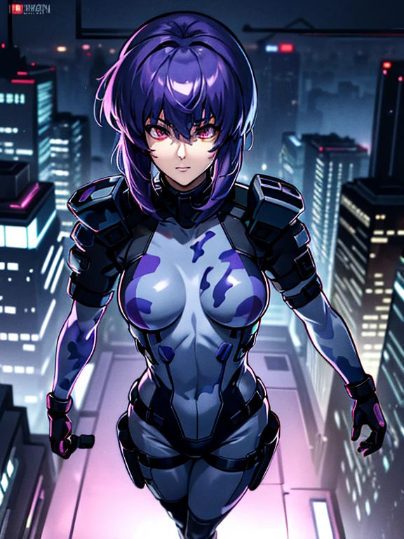 Ghost in the Shell, Motoko Kusanagi, Purple short bob cut, Hair between the eyes, Slightly asymmetrical bangs, ((Optical Camouflage Suit, Optical camouflage suit from the neck down)), Jump up into the sky, view From above, The background is Tokyo's buildings at night, Reflective and shiny, ((Night Scenery)), Lots of window lights, Glitching, glitch, ((masterpiece, best quality, high resolution)) 