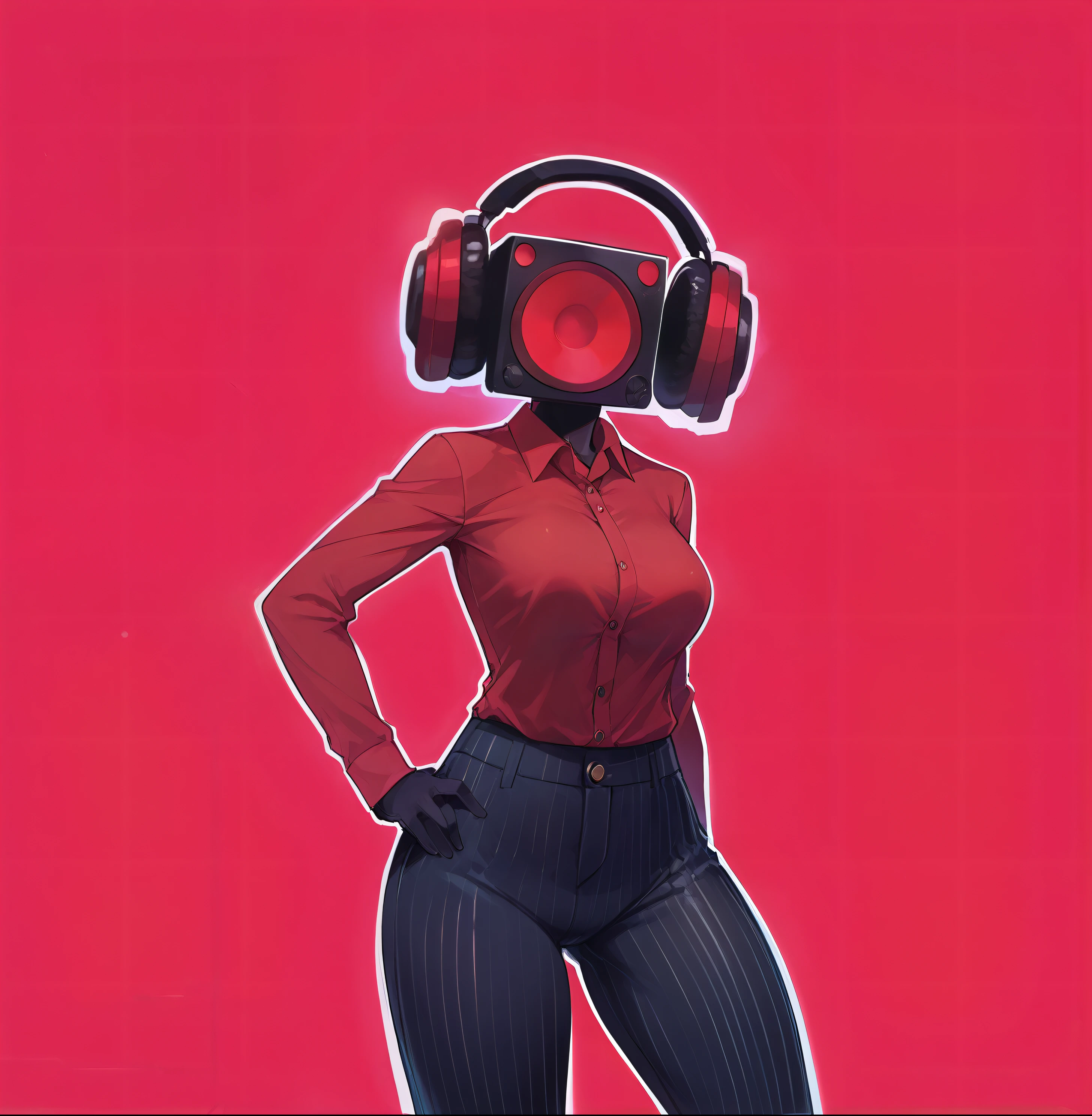 score_9, score_8_up, score_7_up, score_6_up, score_5_up, score_4_up, (1girl), (masterpiece, best quality, ultra-detailed), Speaker Woman, humanoid female with a large red speaker for a head, sleek black pinstripe suit, fitted jacket with a tie, long sleeves, form-fitting pants, confident and assertive pose, black gloves, glowing red, vibrant red background, simple lighting, dynamic composition, smooth shading, clean lines, clear focus, full-body view, robot_head_speaker, real human body, robot_head_speaker_woman, Black full body suit elegant with stripes with, Red shirt underneath, robot_head_speaker, red shirt, big headphones, Nyantcha style, GLaDOSSDXL, Glados, mechanical parts, humanoid robot, Short hair,