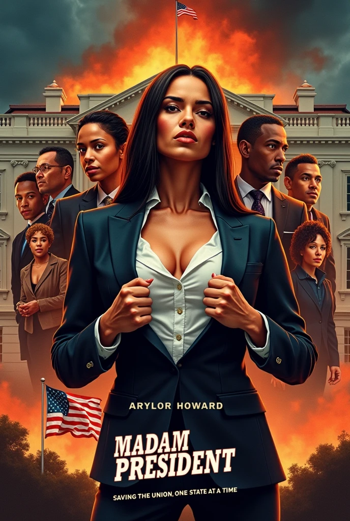 High quality, 1990s sci-fi movie poster, titled “Madam President” in bold large Yellow text, the tagline in smaller text “Saving the Union, One State at a Time.” (Traylor Howard), chin up, looking down, thick body, broad shoulders, wide hips, long straight hair, formal suit, (plunging neckline), hands opening her shirt, behind her are five varying size portraits of other diverse ethnicity actors staggered, background is White House burning, tattered American flag waving