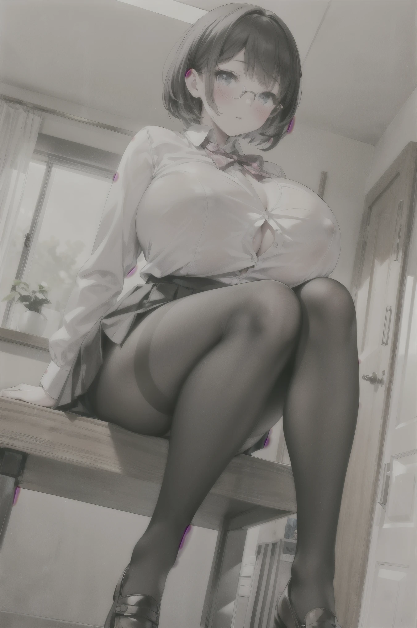 1 girl, Glasses, (whole body:1.2), Sitting, (Angle from below:1.1), (Angle from the side:1.1), blush, (The body is slim:1.2), (Huge breasts:1.5), (Long, Slender legs:1.1), Black Hair, short hair, White long sleeve shirt, Pleated skirt, (black tights:1.1), Black Loafers,Exposing the breasts、Bare your breasts、Nipples