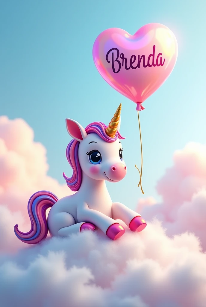Cute colorful unicorn sitting on a fluffy white cloud ,holding a balloon with the name Brenda in fancy letters