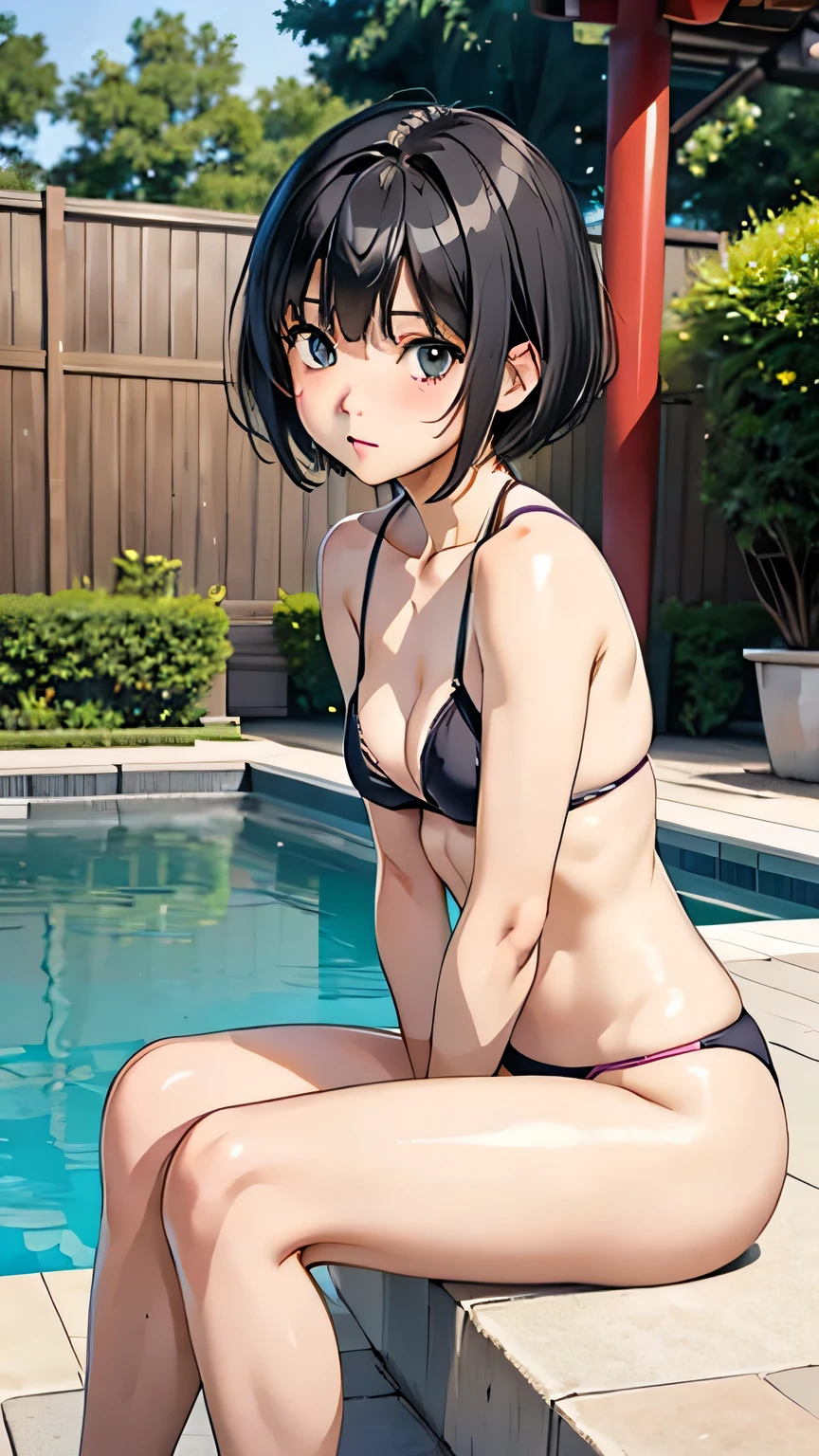 Highest quality、Realistic、、Japanese、zoom、、cute、Grey Eyes、Black Hair、short hair、Pink Bikini、Bust Shot、thin、Small breasts、Pouting、Pool、Sitting with legs crossed