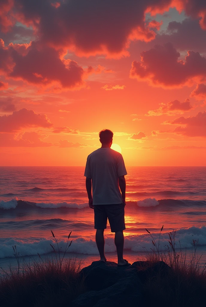 A man watching the sunset at sea