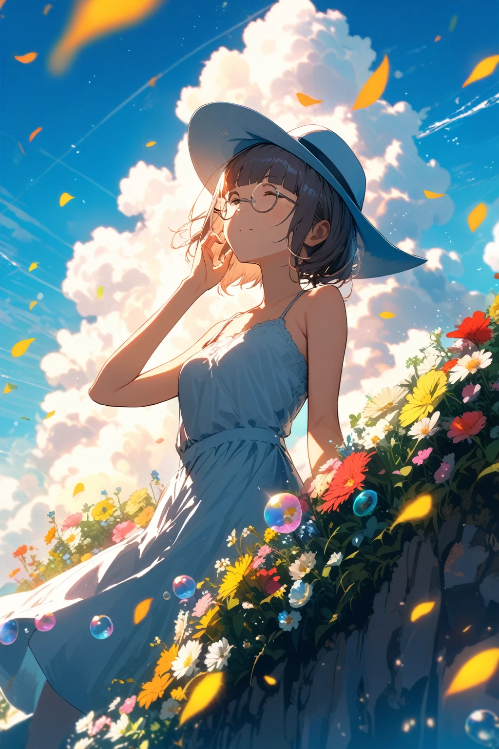 (extremely detailed fine touch:1.3), girl, solo, alone, 2.5d, (((silver semi-rimless round eyewear:1.3))), short hair, smooth hair, blunt bangs, look up sun, lensflare, hand on own head, from below, wide brim hat, camisole, on the cliff, flower garden, sea, cumulonimbus, flying fish, soap bubble, petals dance in the wind