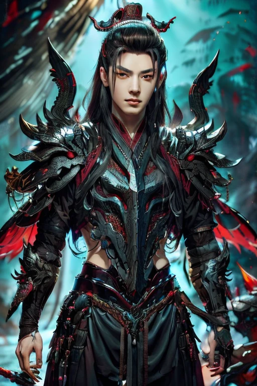  Handsome young xianxia protagonist,man,guy,long black obsidian hair, use floating phoenix crown,Crimson red  eyes  ,eyes focus detailed((no noice)),(((no noice))),and long black hair ,(no noice)),use armour featuring like pattern on taotie chinese divine beast((search image for taotie chinese beastiary))with black dominant color,pauldron protective shape like dragon head,breastplate featuring like Tao tie,breastplate detailed featuring taotie shape,shoulder protective dragon shape like taotie,sun and moon  background, black dominant color,black  dominant color, black dominant color armour,with majestic silver line , ((no noice))And demonic red wings at back,wings at back,terrifying aura around,24K ultra hd,face and eyes detail,lips and face detail,masterpiece ,better quality,ultraa realistic face((no noice)),good face proportion,non noice face,reality face,eyes detailed,((perfect face)),perfect eyes ,perfect lips proportion((balance lips)),perfect face proportion,((balance proportion of face)),((balance and perfect left and right eyes proportion)),((masterpiece))