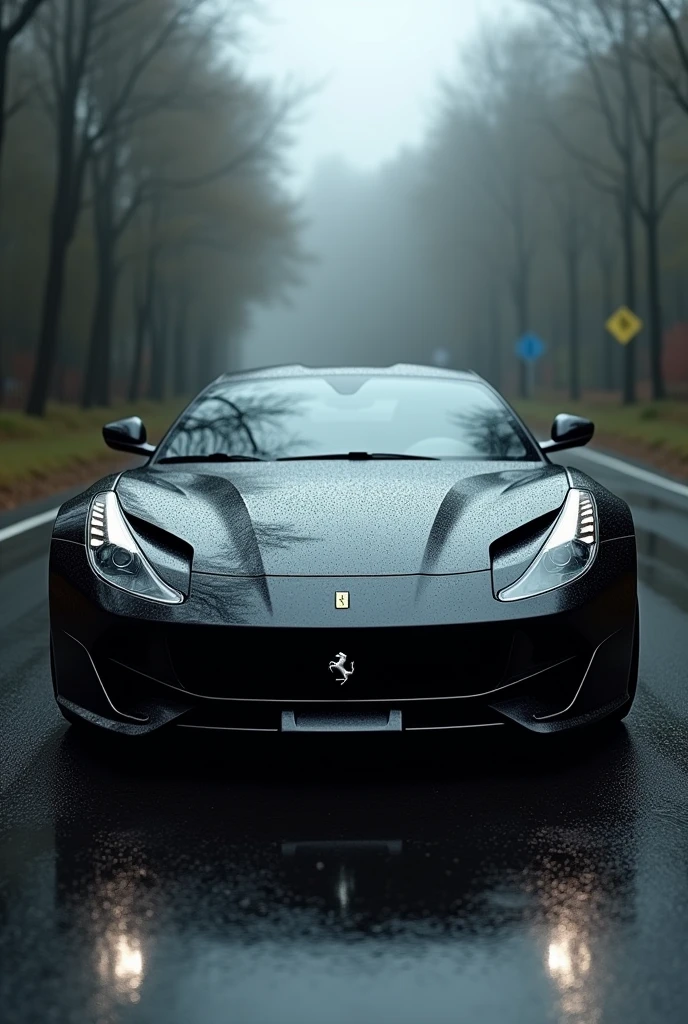 A black colour Ferrari is standing, background is road , raining
