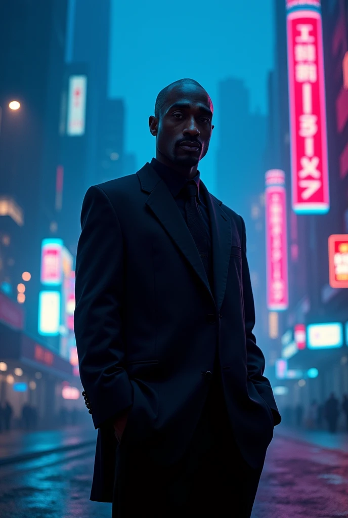 Tupac Shakur wearing black suit in cyberpunk at night, blue and pink neon effect, with fog