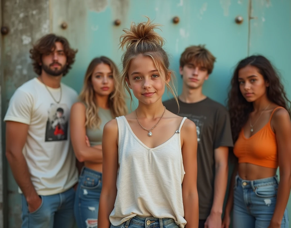 Photo of a girl in skater fashion and her male and female friends. Everyone is wearing a tank top