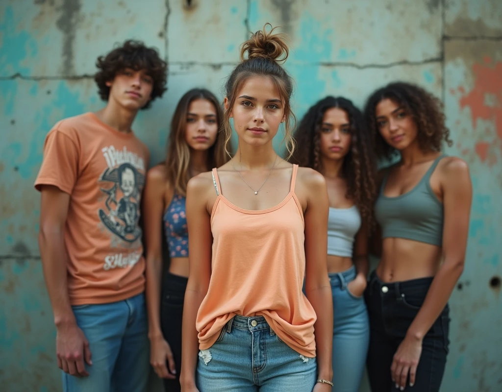 Photo of a girl in skater fashion and her male and female friends. Everyone is wearing a tank top