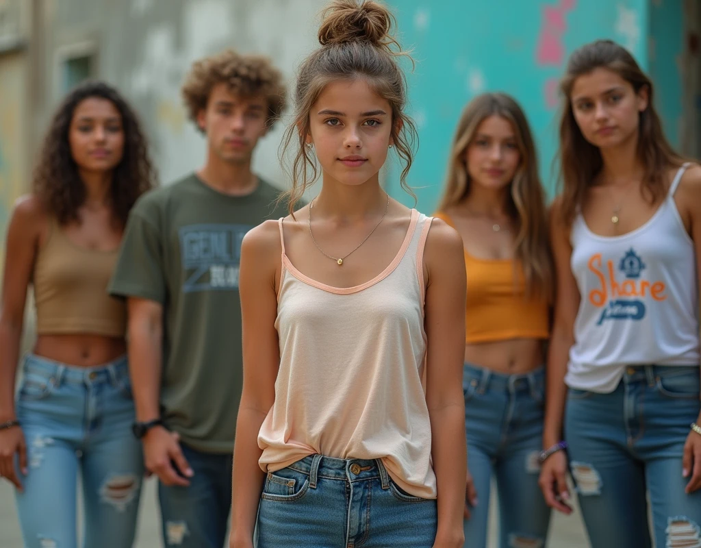 Photo of a  girl in skater fashion and her male and female friends. Everyone is wearing a tank top