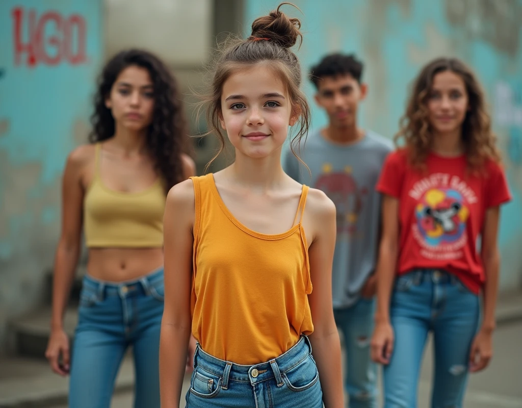Photo of a girl in skater fashion and her male and female friends. Everyone is wearing a tank top