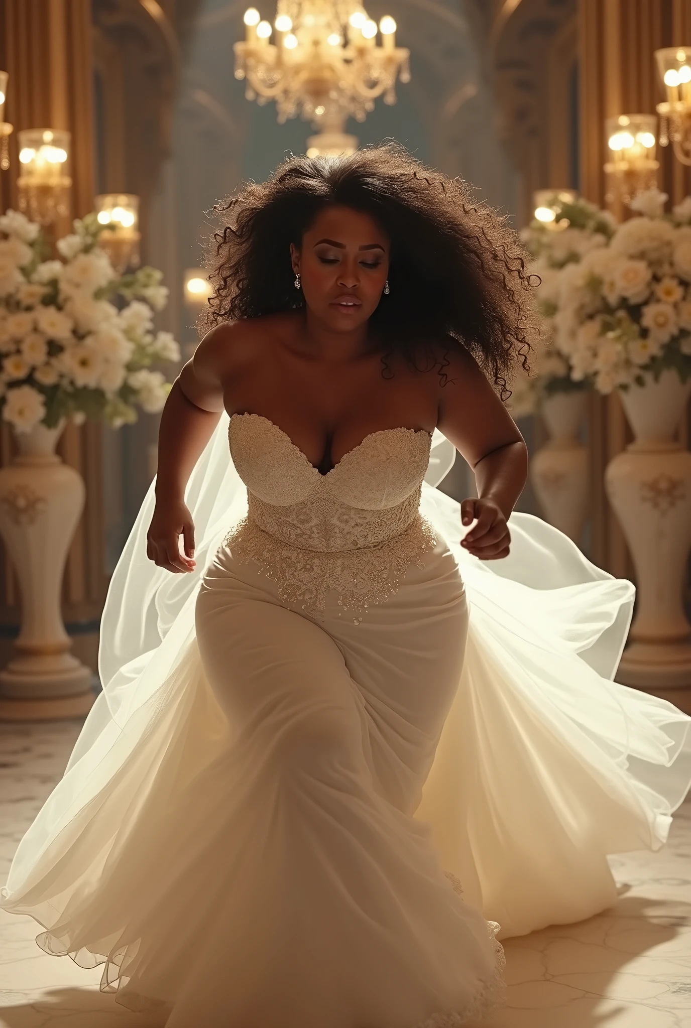 Generate an image of a black curvy bride crying and running out of a decorated wedding venue, motion trails and wind effect