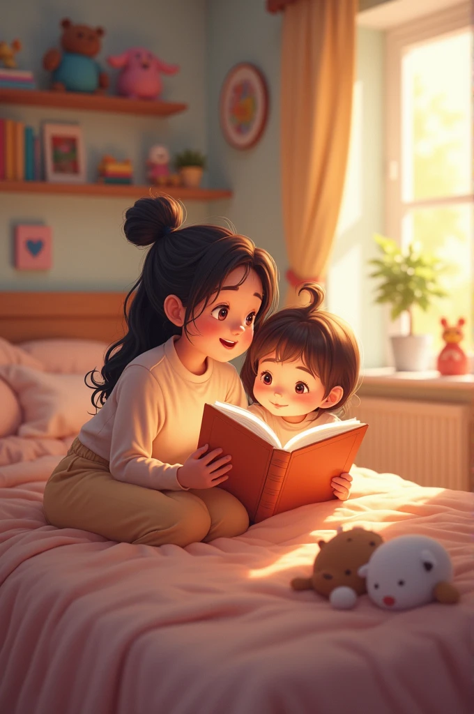 Happy mother telling a bedtime story to the happy ??? in the nice bedroom