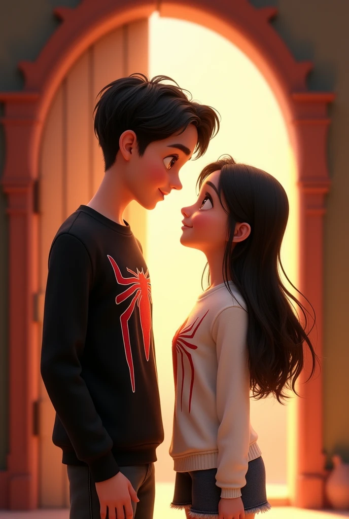 Disney Pixar door, a tall boy with short black hair, light brown eyes, black spiderman sweatshirt and a short girl, with long black hair, with brown eyes and a white spiderman sweatshirt, looking at each other with a face of lovers