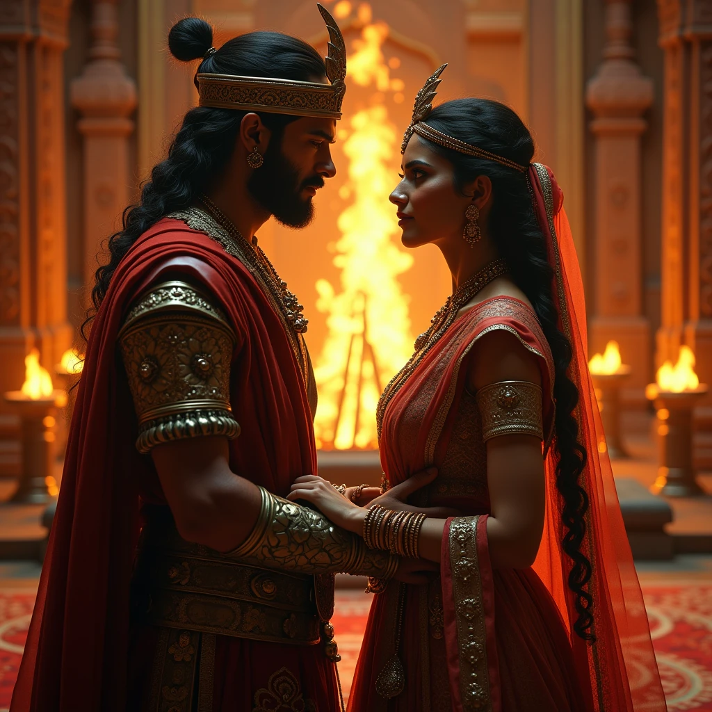 A rajput warrior and a female rajput warrior Both are getting married according to Hindu tradition after taking seven rounds of fire.