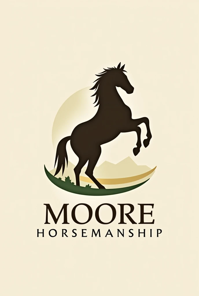"Create a logo for 'Moore Horsemanship,' a horse training business. The logo should feature a stylized, elegant horse silhouette, either running or rearing, symbolizing strength and agility. Include the business name 'Moore Horsemanship' in a bold, sophisticated font beneath or alongside the horse image. The color scheme should be classic and professional, with a focus on earthy tones like deep browns, greens, and golds to convey a sense of tradition and expertise. The overall design should be balanced and easy to read, suitable for both digital and print use."