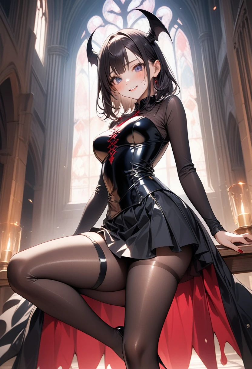 ((Raw photo、highest quality、High resolution、Ray tracing、nffsw、highest quality、precision processing、Portrait,3D,pureerosface_v1:0.7、)、(( shiny red leather bondage、dark red BDSM、Bold、long tight skirt、1Girl of Man,)))((((Wave Hair、cleavage emphasis、big breasts:4.0、thin legs、blue eyes、Detailed depiction of limbs、small nose、perfect body、No sleeve、full body figure、high heels、18-year-old,))))、church、