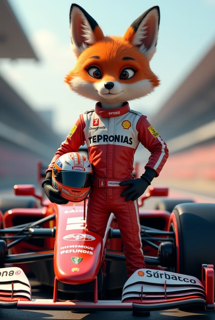 Fox as formula one player standing with its car wearing player costume helmet is in hand 
