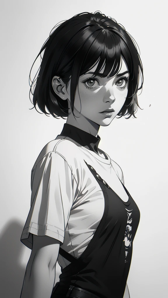 1 boyish girl, solo, sharp eyes, monochrome, greyscale, short black hair, portrait, T-shirt, closed mouth, looking at viewer, graphite \(medium\), detailed lips, hatching \(texture\), without makeup, bangs, upper body, (best illustration), (best quality), (very detailed), (masterpiece), expressionless,