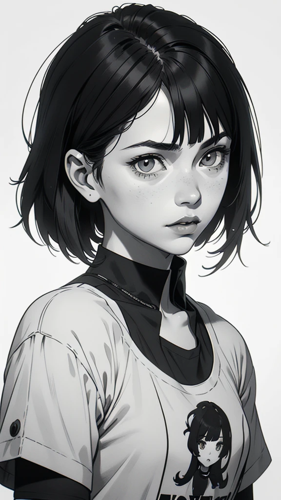 1 boyish girl, solo, sharp eyes, monochrome, greyscale, short black hair, portrait, T-shirt, closed mouth, looking at viewer, graphite \(medium\), detailed lips, hatching \(texture\), without makeup, bangs, upper body, (best illustration), (best quality), (very detailed), (masterpiece), expressionless,