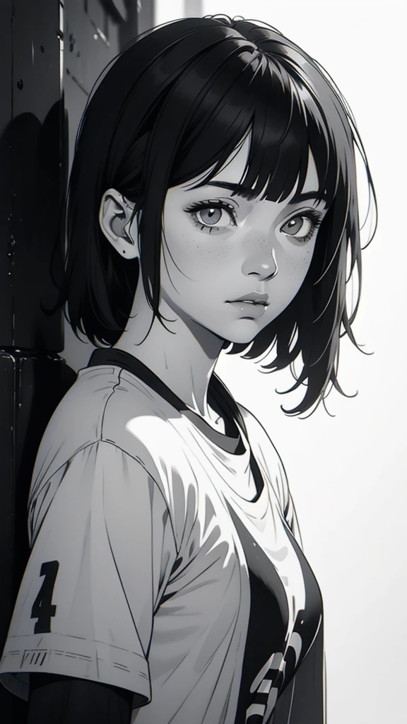 1 boyish girl, solo, sharp eyes, monochrome, greyscale, short black hair, portrait, T-shirt, closed mouth, looking at viewer, graphite \(medium\), detailed lips, hatching \(texture\), without makeup, bangs, upper body, (best illustration), (best quality), (very detailed), (masterpiece), expressionless,