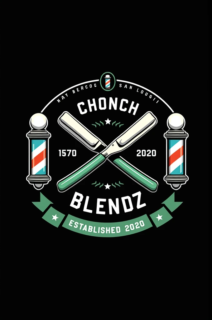 Create a flat vector, illustrative-style emblem logo design for a San Diego barber 'ChonchBlendz' established in 2020 , featuring barber poles , modern straight razors crossed in the center of the company name. Use bright green, blue, grey and white colors to convey trust, premium service and a luxury experience against a black background. English Writing established 2020
